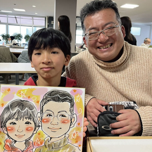 出張似顔絵イベントのご家族の完成作品。住宅展示場で開催されました