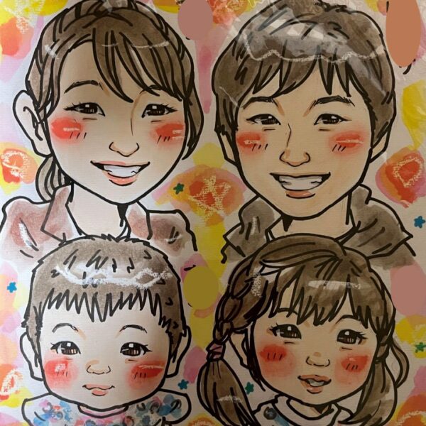 企業イベントで笑顔のお子さまと似顔絵作品（大阪・出張似顔絵）