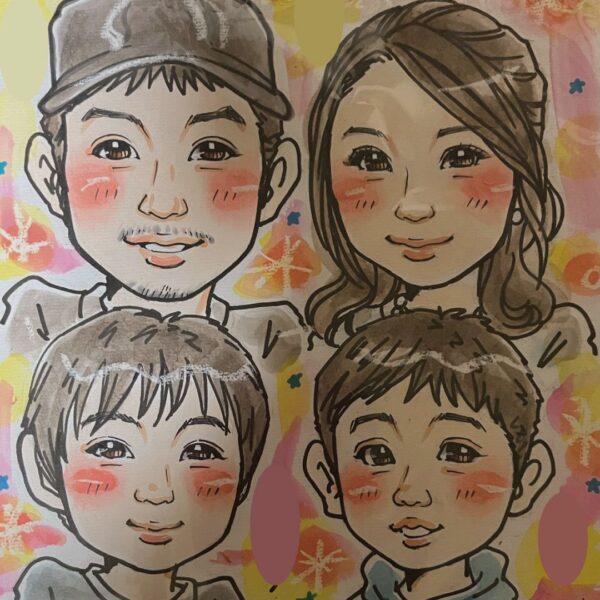 企業イベントで笑顔のお子さまと似顔絵作品（大阪・出張似顔絵）