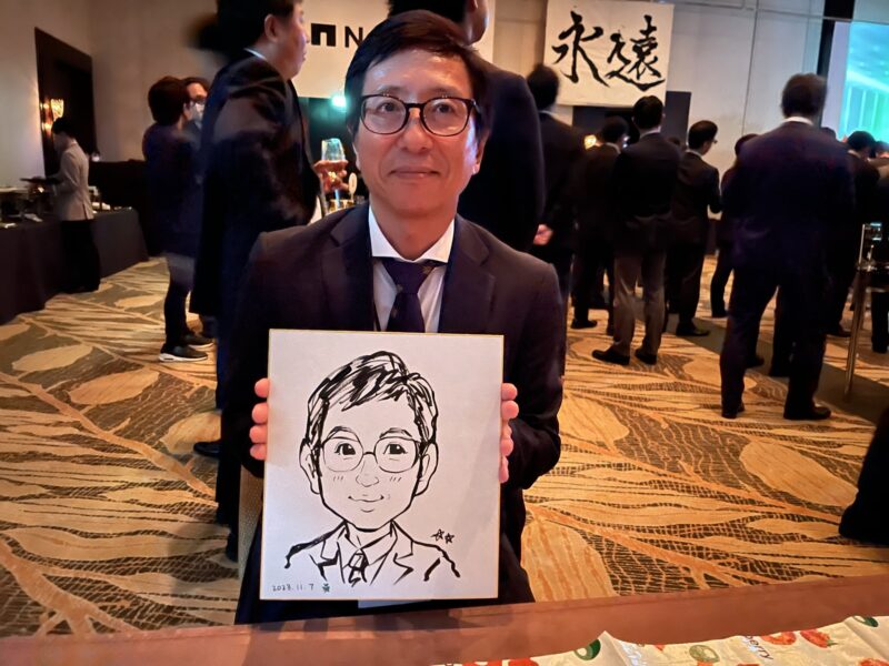 東京・マンダリンオリエンタル東京で開催された企業イベントで3分の早描き白黒似顔絵をお描きしました