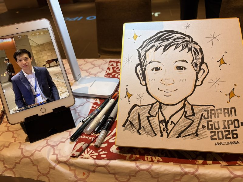 企業展示会でお客様を約5分で描く白黒線画のスピード似顔絵
